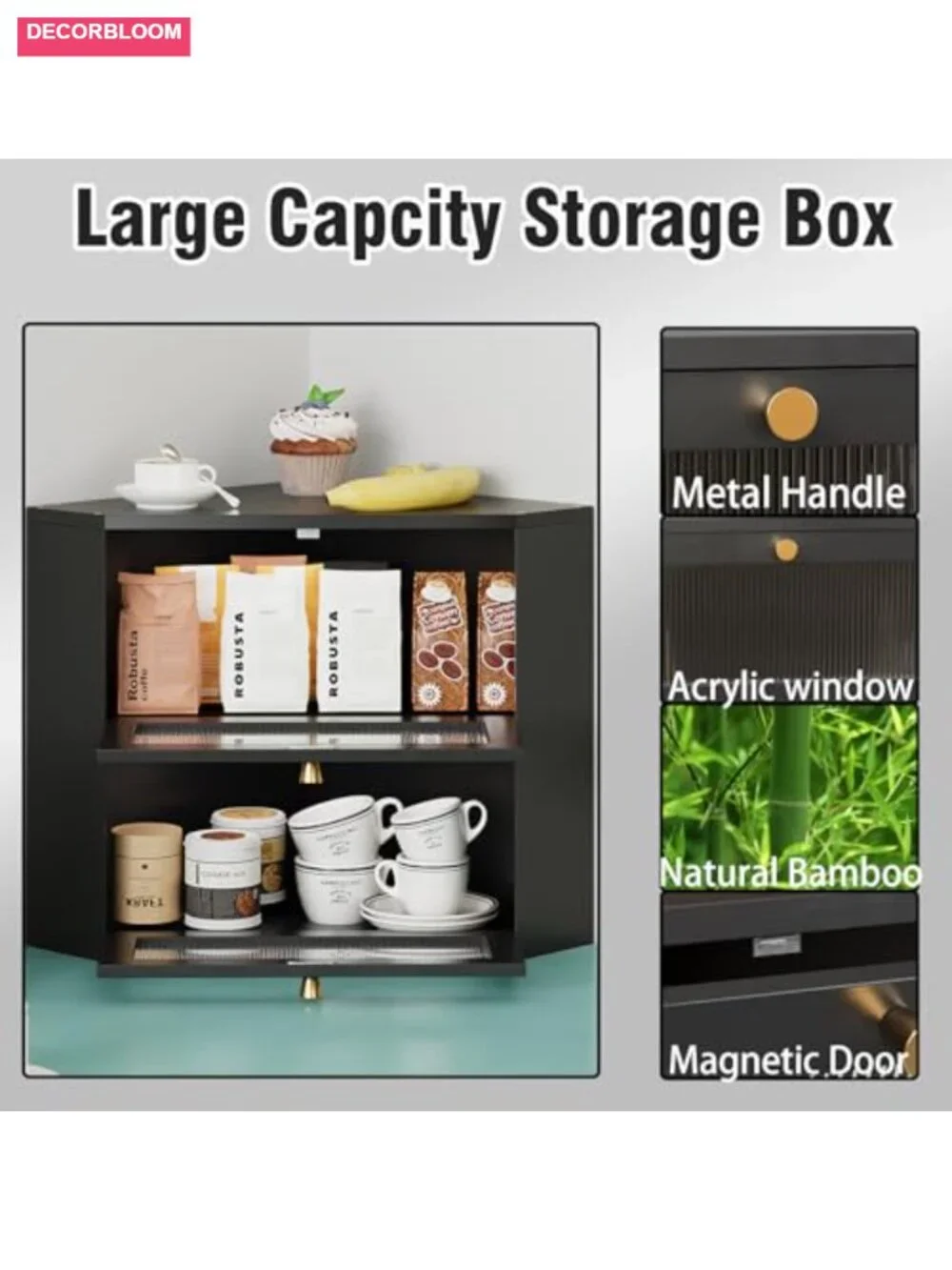 Corner Bamboo Bread Box Double Layer Storage with Transparent Door